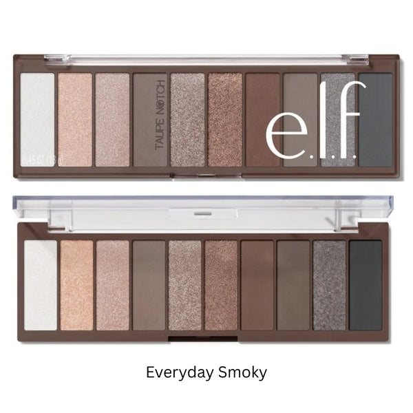 Eyeshadow palette with open lid, nine neutral smoky shade pans in a brown case