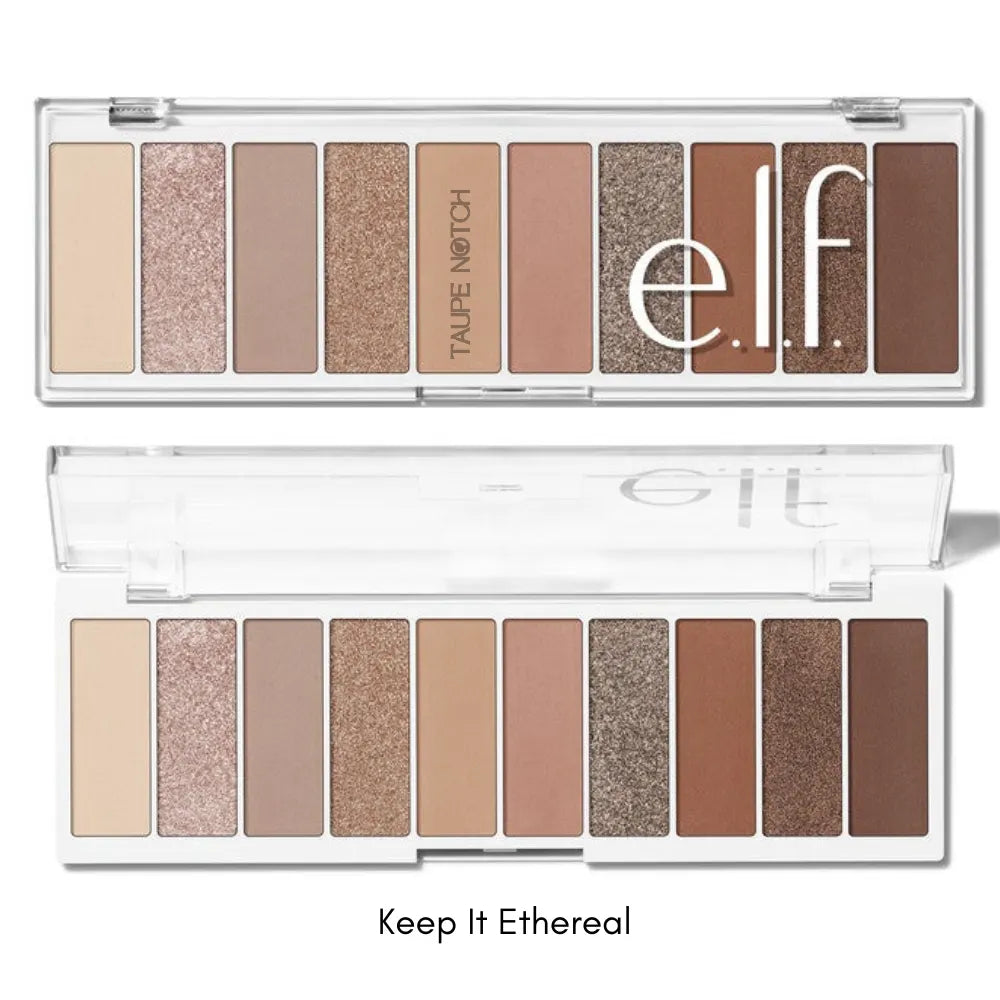Elf eyeshadow palette with 10 pan shades, nude to deep brown and taupe finishes
