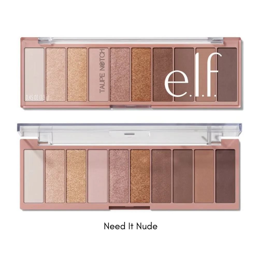 Nude-toned eyeshadow palette with ten pressed shades, from pale shimmer to deep brown.