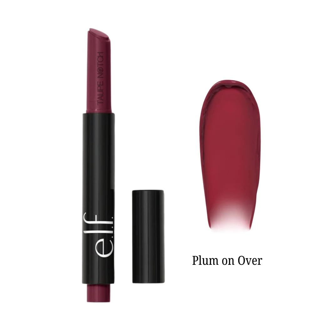 Elf lip plumping pen in Plum on Over, with applicator tube and open cap