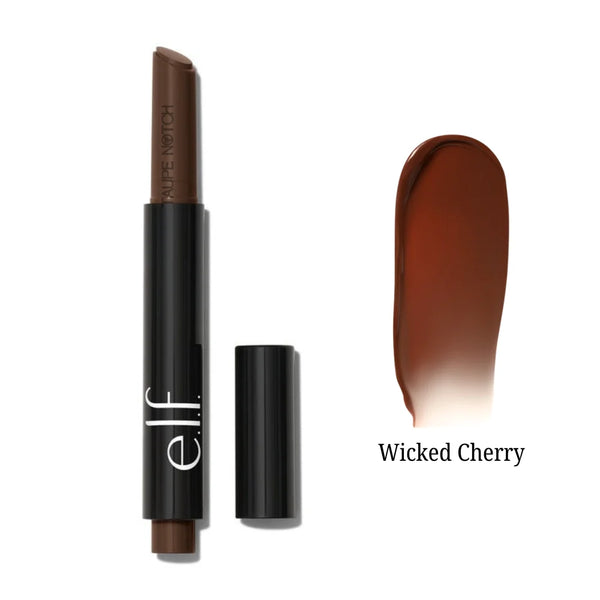 Elf lip plumping pen in Wicked Cherry, with applicator tube and open cap