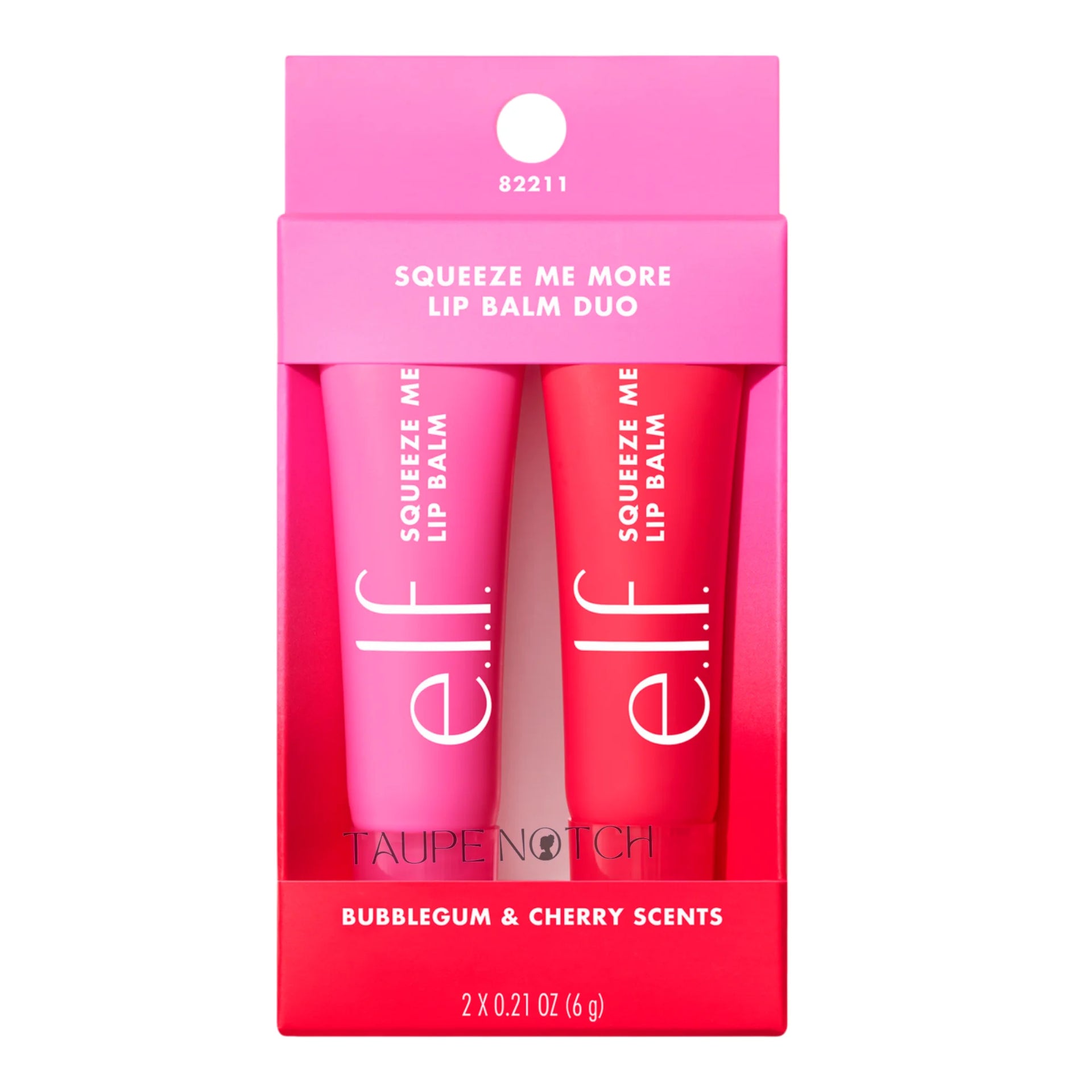 Lip balm duo gift box showing two pink and red squeeze tubes and scents