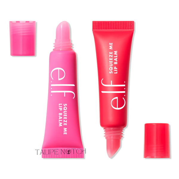 Lip balm duo with pink and red squeeze tubes, each with a click-on cap