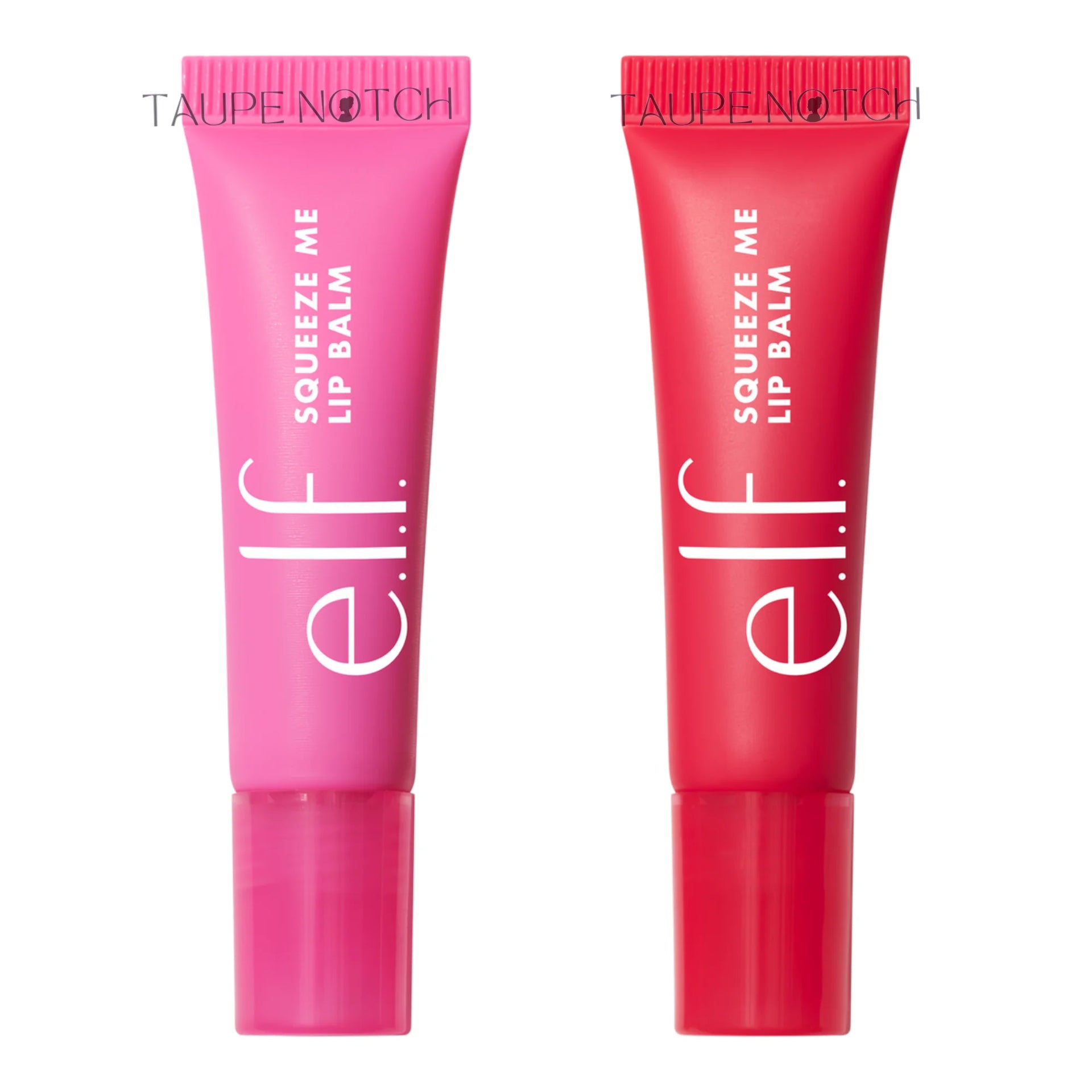 Two squeeze lip balm tubes in pink and red, brand lettering on front