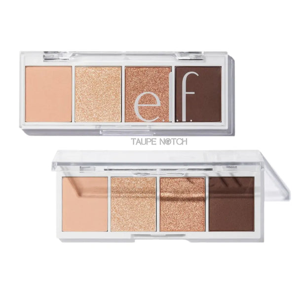 4-pan eyeshadow palette in clear compact with peach, gold glitter, rose shimmer, and dark brown