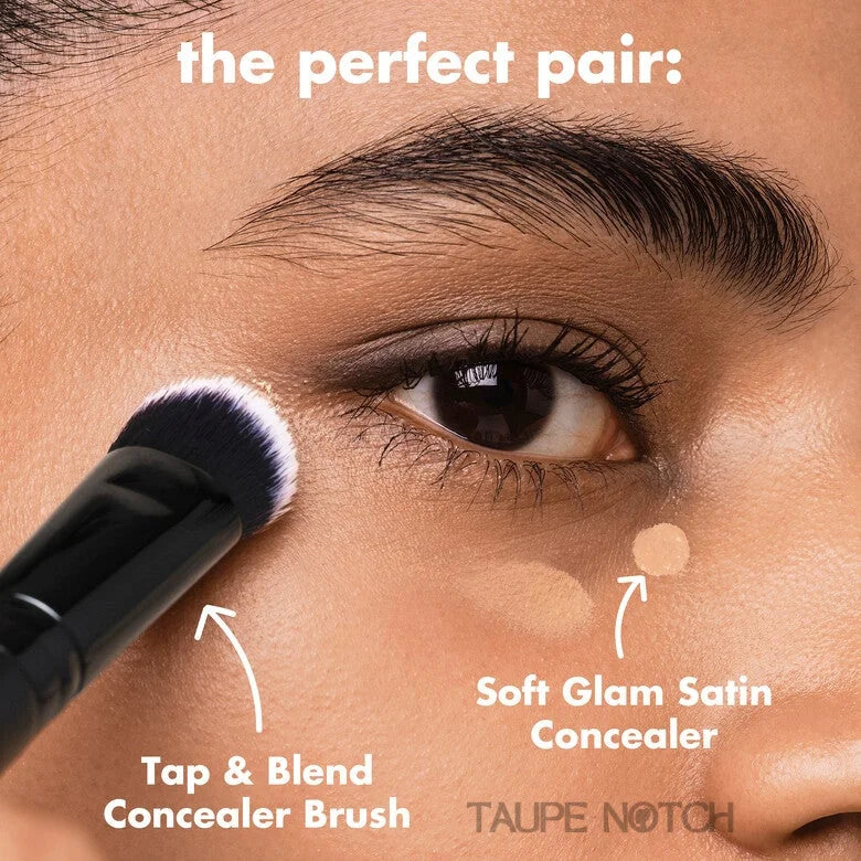 e.l.f. Cosmetics Tap and Blend Concealer Brush being used to blend concealer under eye area paired with e.l.f. Soft Glam Satin Concealer for seamless under eye coverage available at Taupe Notch Bangladesh