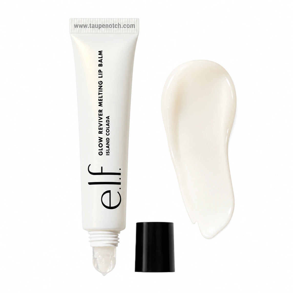 White melting lip balm tube with clear cap and smooth creamy gel dollop