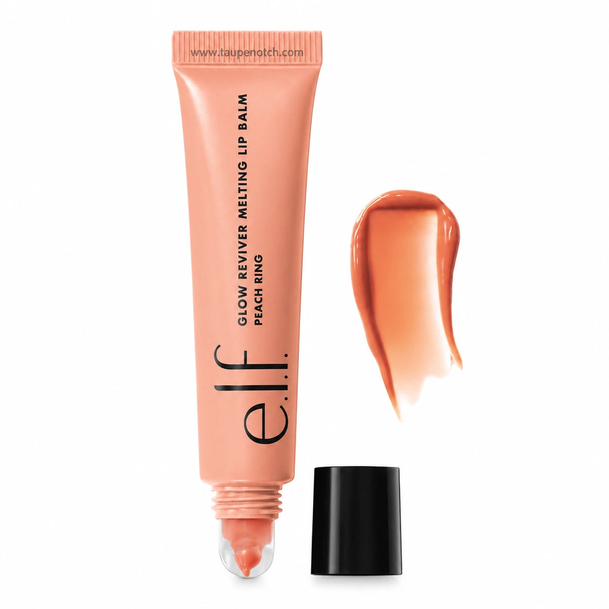 Peach melting lip balm tube with clear cap and glossy peach gel dollop