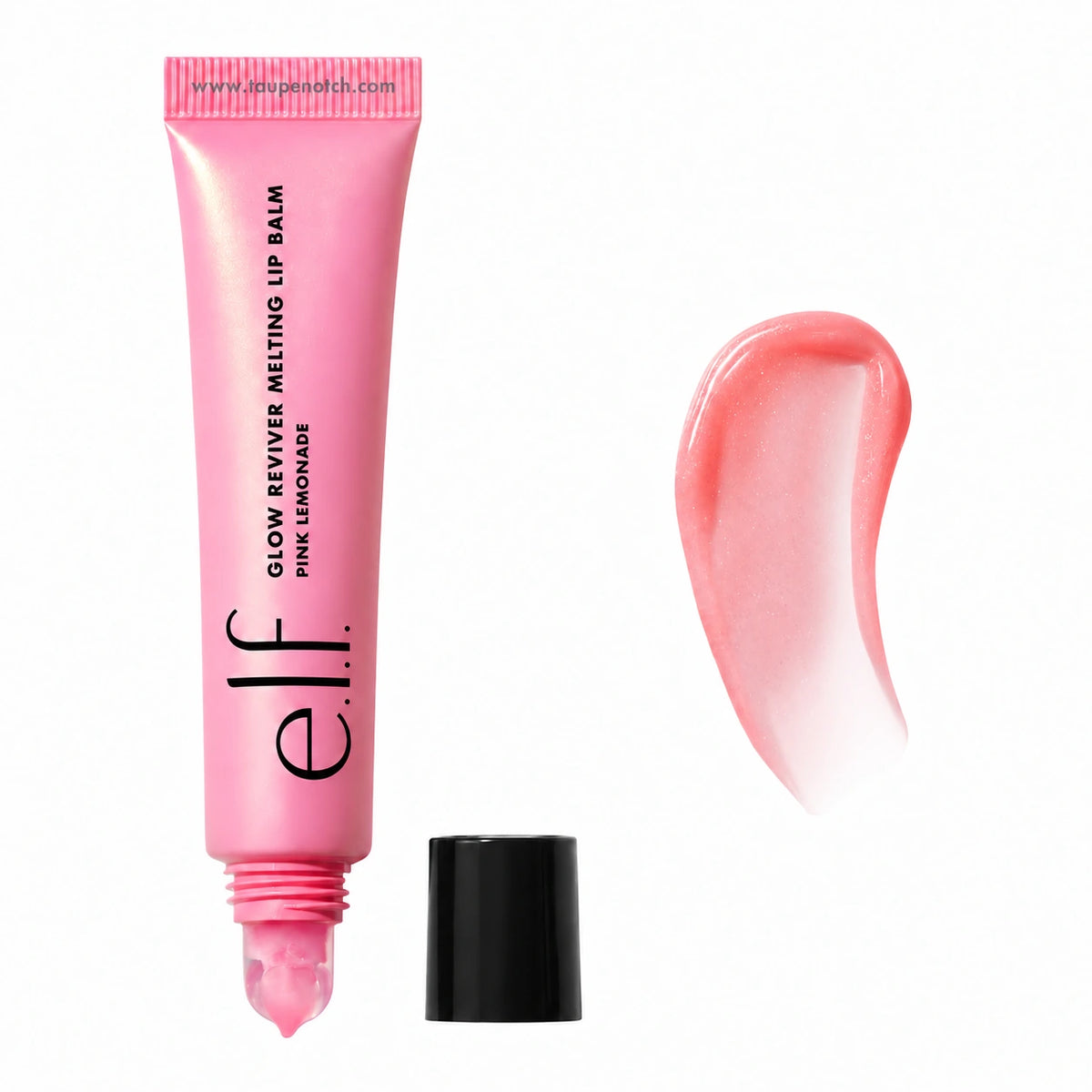 Pink melting lip balm tube with clear cap and glossy pink gel dollop