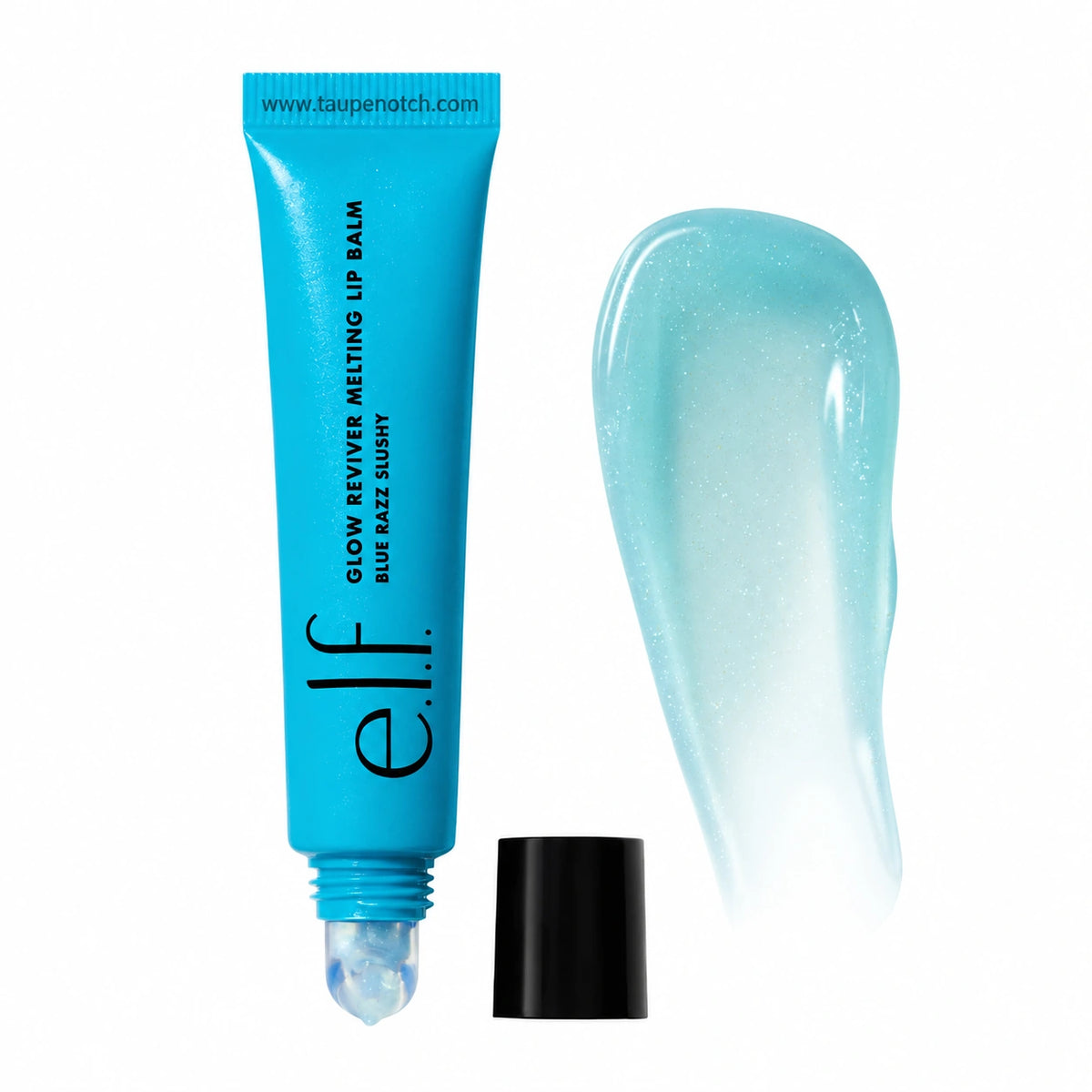 Blue melting lip balm tube with clear cap and glossy gel dollop
