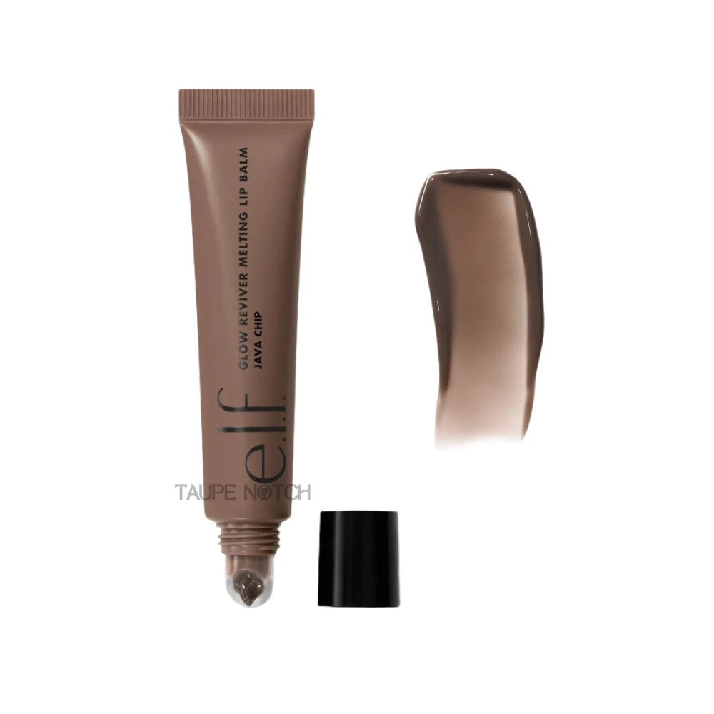 Lip balm tube in deep taupe-brown shade with cap and glossy balm smear