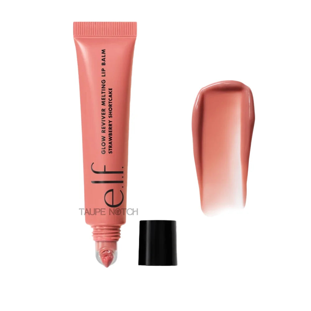 Lip balm tube in peachy pink shade with cap and creamy balm smear