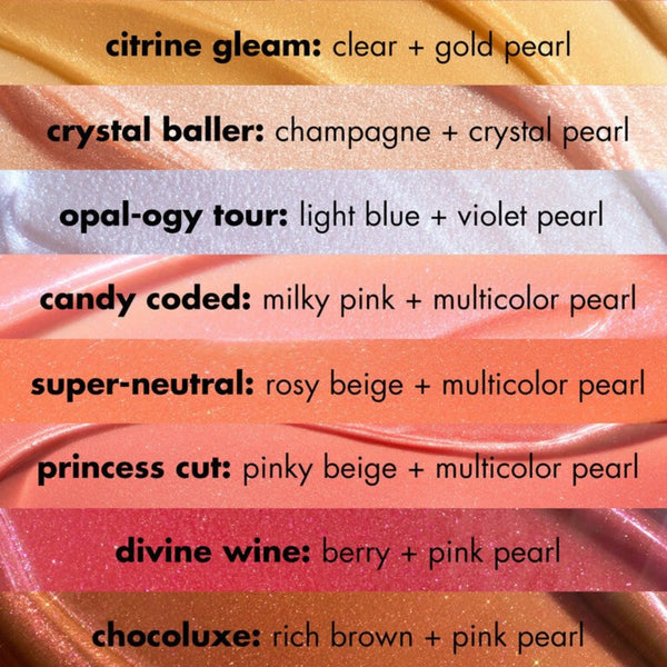 Lip oil shade swatches in multiple shimmers: gold, champagne, pink, and berry