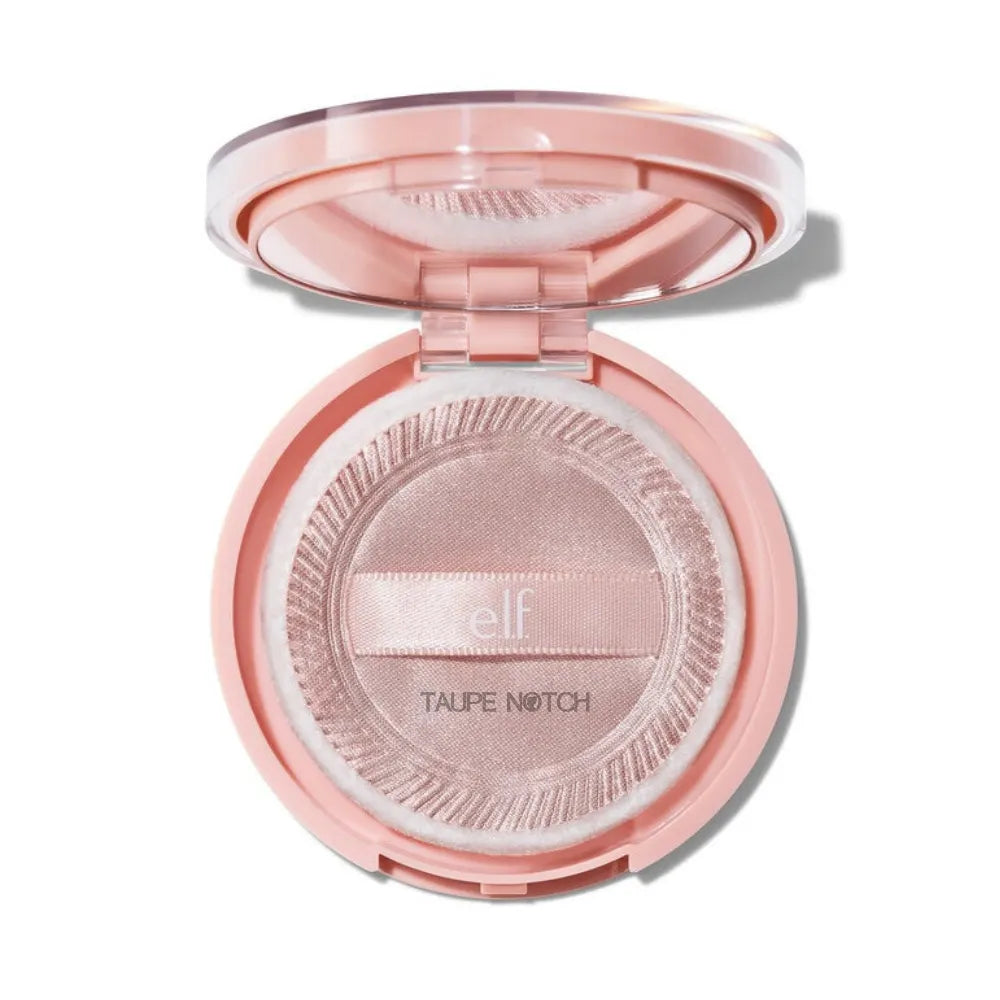 e.l.f. glow powder compact open, velour puff on pressed powder pan
