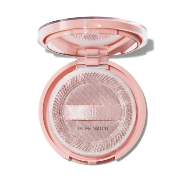 e.l.f. glow powder compact open, velour puff on pressed powder pan