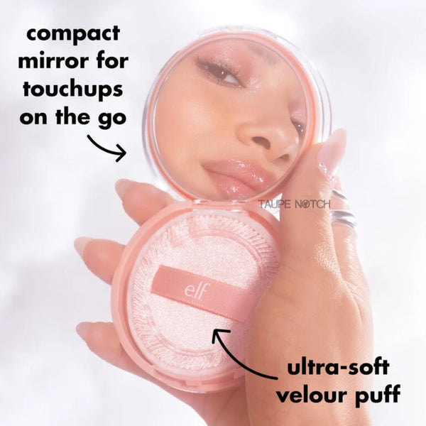 e.l.f. glow powder compact with mirror and velour puff, showing pressed powder disc
