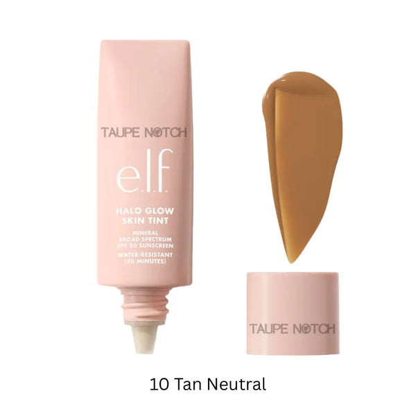 Glow skin tint SPF 50, 10 Tan neutral shade tube and swatch