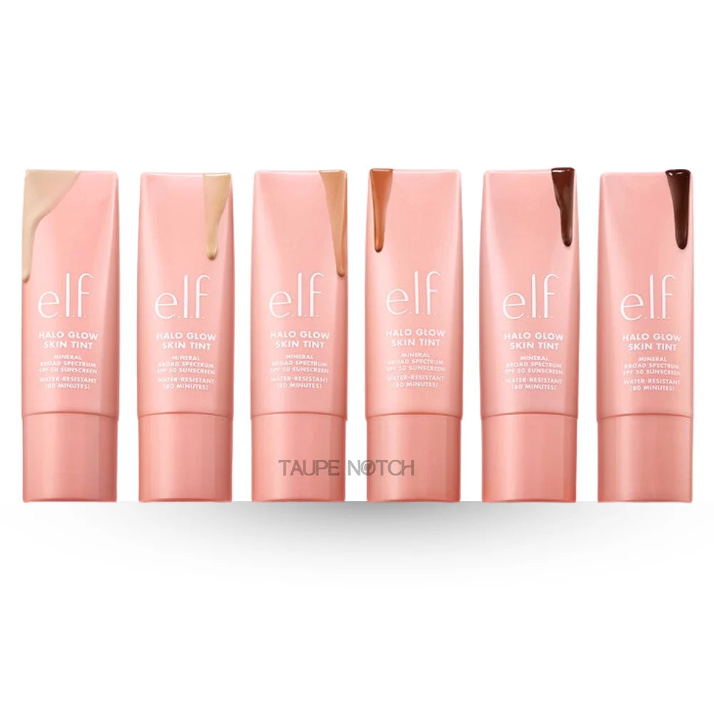 Glow skin tint SPF 50 shade lineup, six tubes with swatches