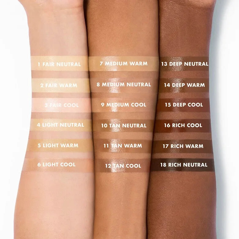 Glow skin tint SPF 50 shade swatch chart with numbered tone strips