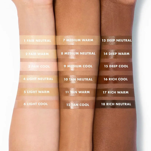 Glow skin tint SPF 50 shade swatch chart with numbered tone strips