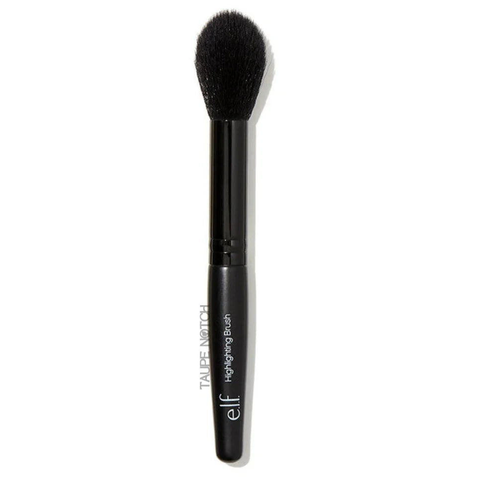 Highlighter brush with tapered black bristles and black plastic handle, branded elf