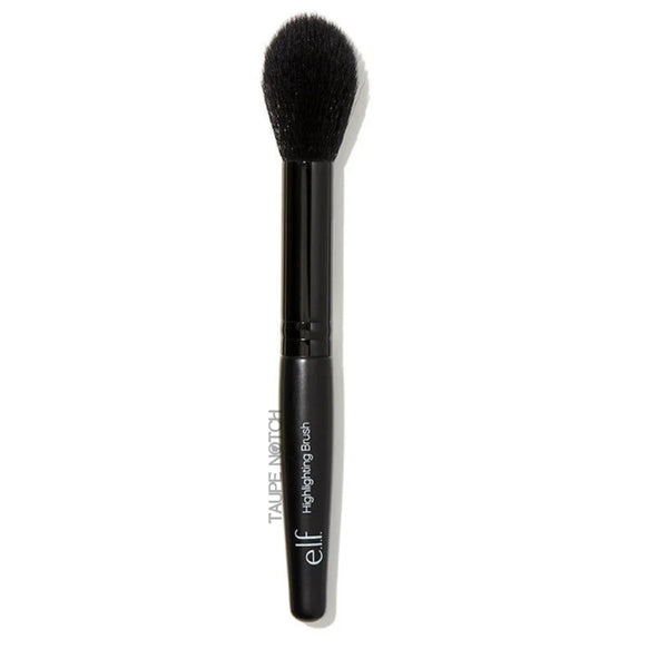 Highlighter brush with tapered black bristles and black plastic handle, branded elf
