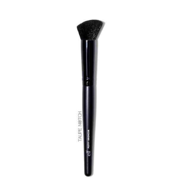Bronzer brush with tapered black bristles and glossy dark handle