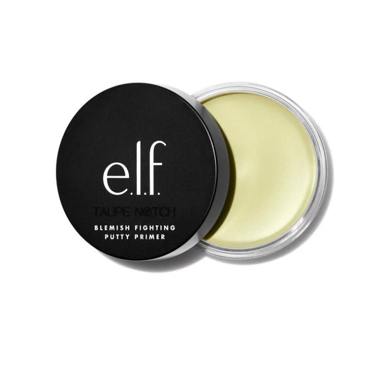 Acne blemish fighting putty primer jar with black lid and pale yellow balm