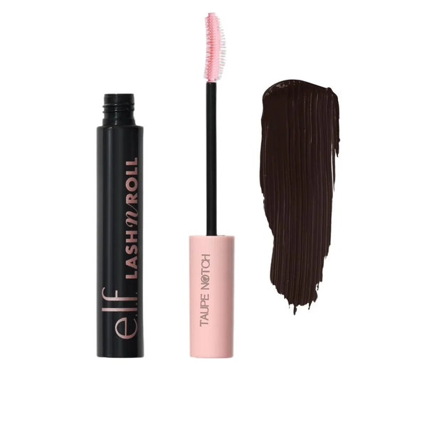 Mascara tube with wand and dark brown lash swatch