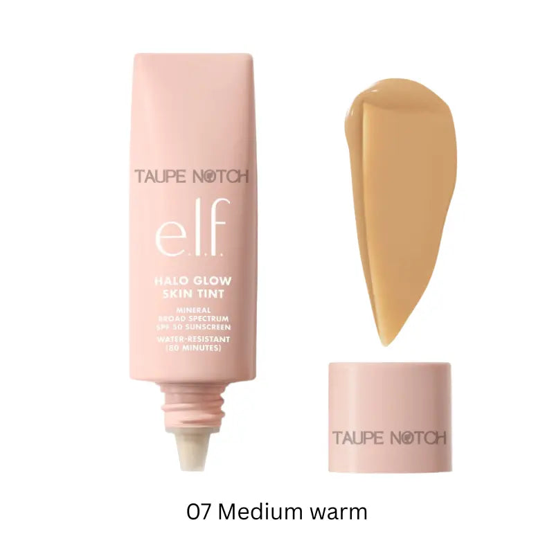 Glow skin tint SPF 50, 07 Medium warm shade tube and swatch