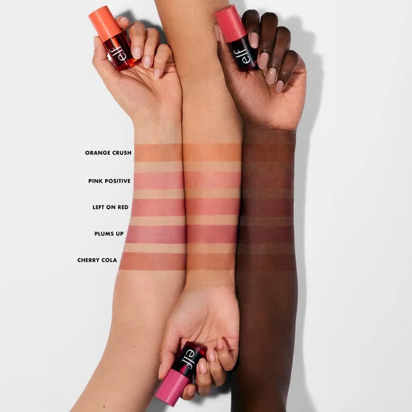 Blush tint shades shown as swatches on arms, with e.l.f. tint sticks in hand