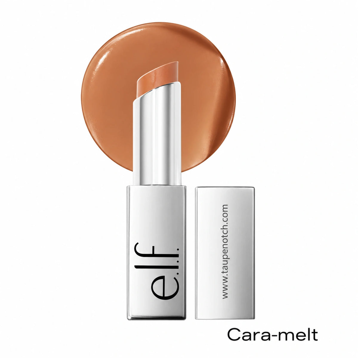 Lip color stick in Cara-melt shade, silver tube with click-up cap and bronze swatch