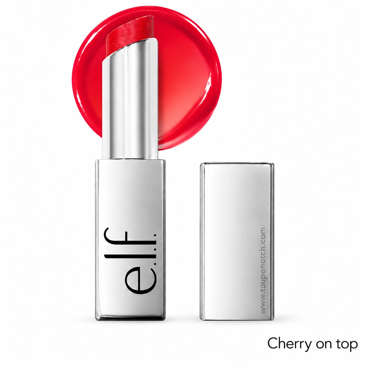 Lip color stick in Cherry on top shade, silver tube with click-up cap and red swatch