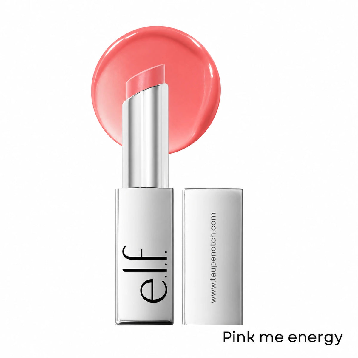 Lip color stick in Pink-Me Energy shade, silver tube with click-up cap and pink swatch