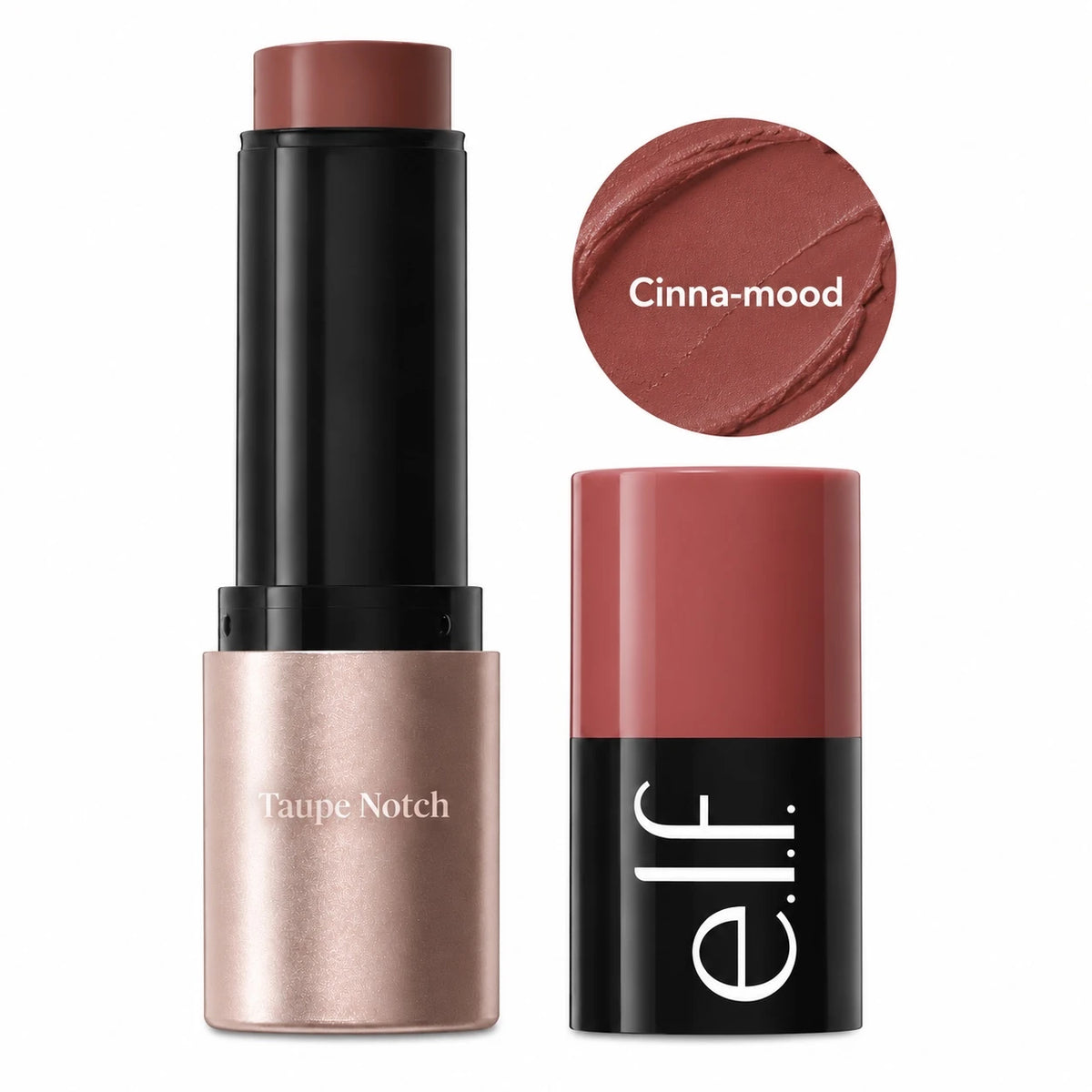 Cream blush stick in Cinna-mood shade, black tube with terracotta cap and container.