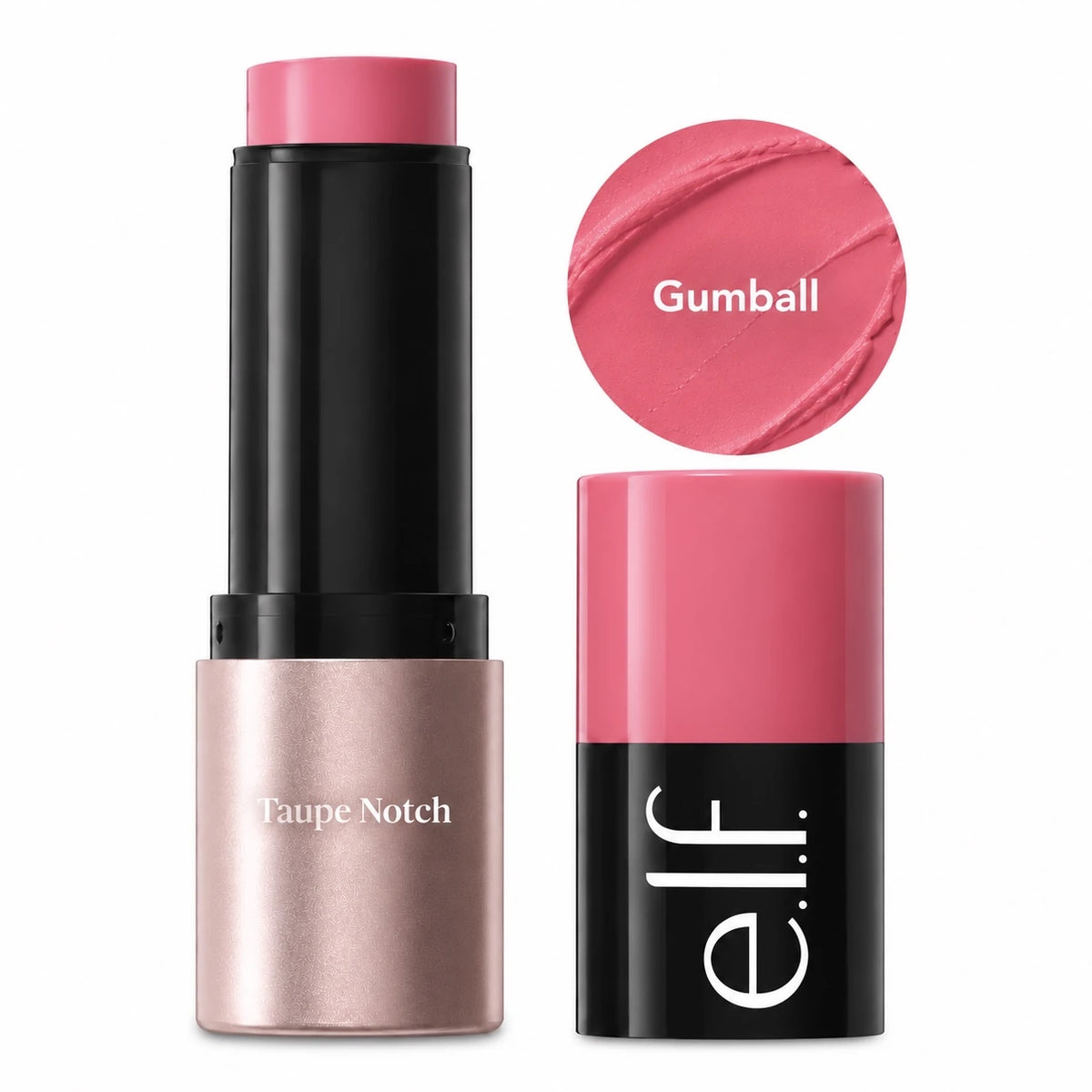 Cream blush stick in Gumball shade, black tube with pink cap and container.