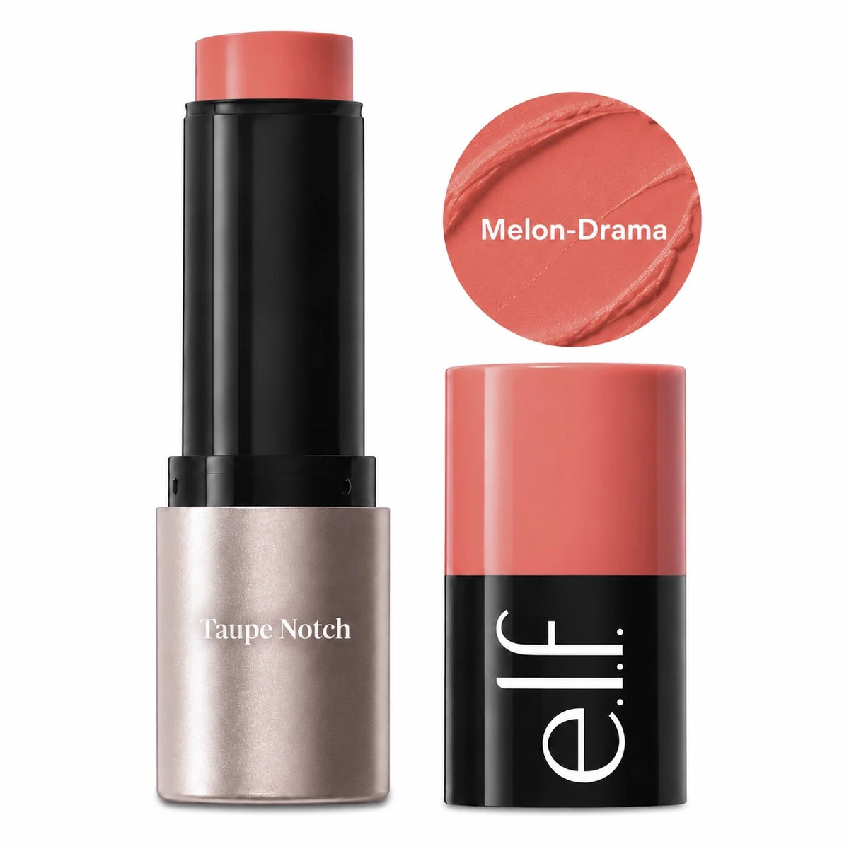 Cream blush stick in Melon-Drama shade, black tube with melon-orange cap and container.