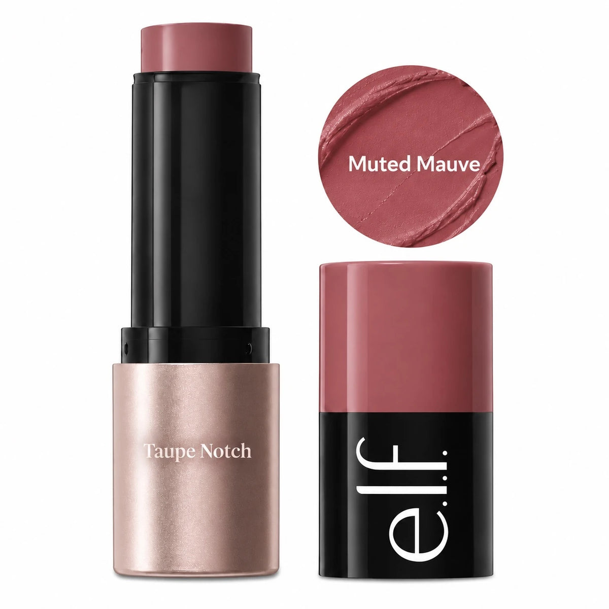 Cream blush stick in Muted Mauve shade, black tube with muted mauve cap and container.