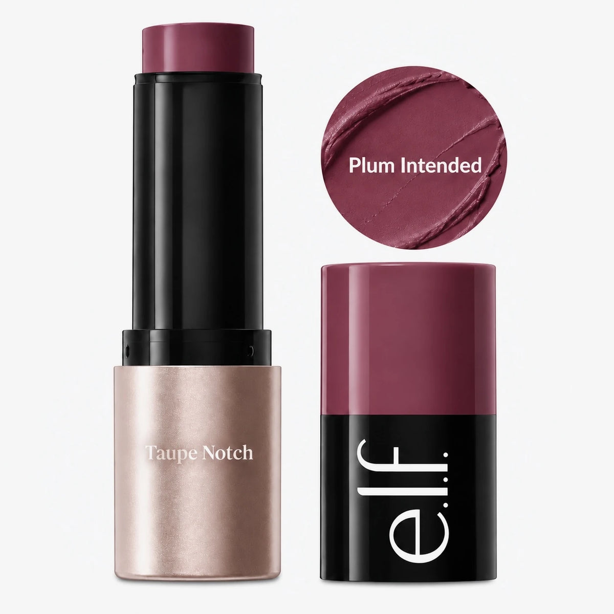Cream blush stick in Plum Intended shade, black tube with plum cap and container.