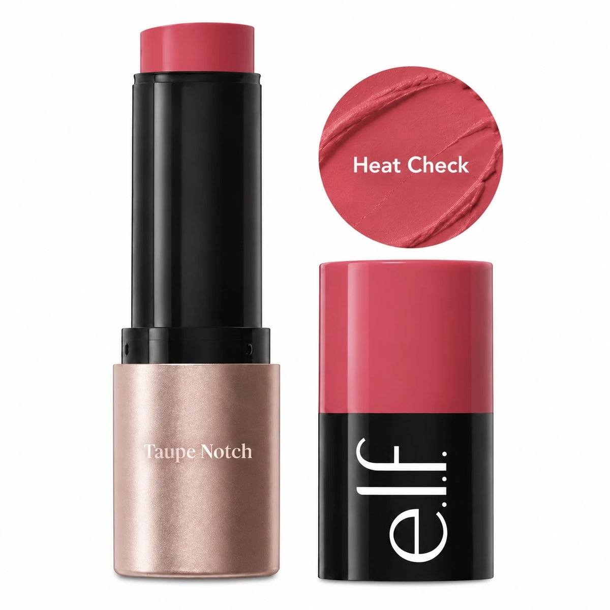 Cream blush stick in Heat Check shade, black tube with coral-red cap and container.
