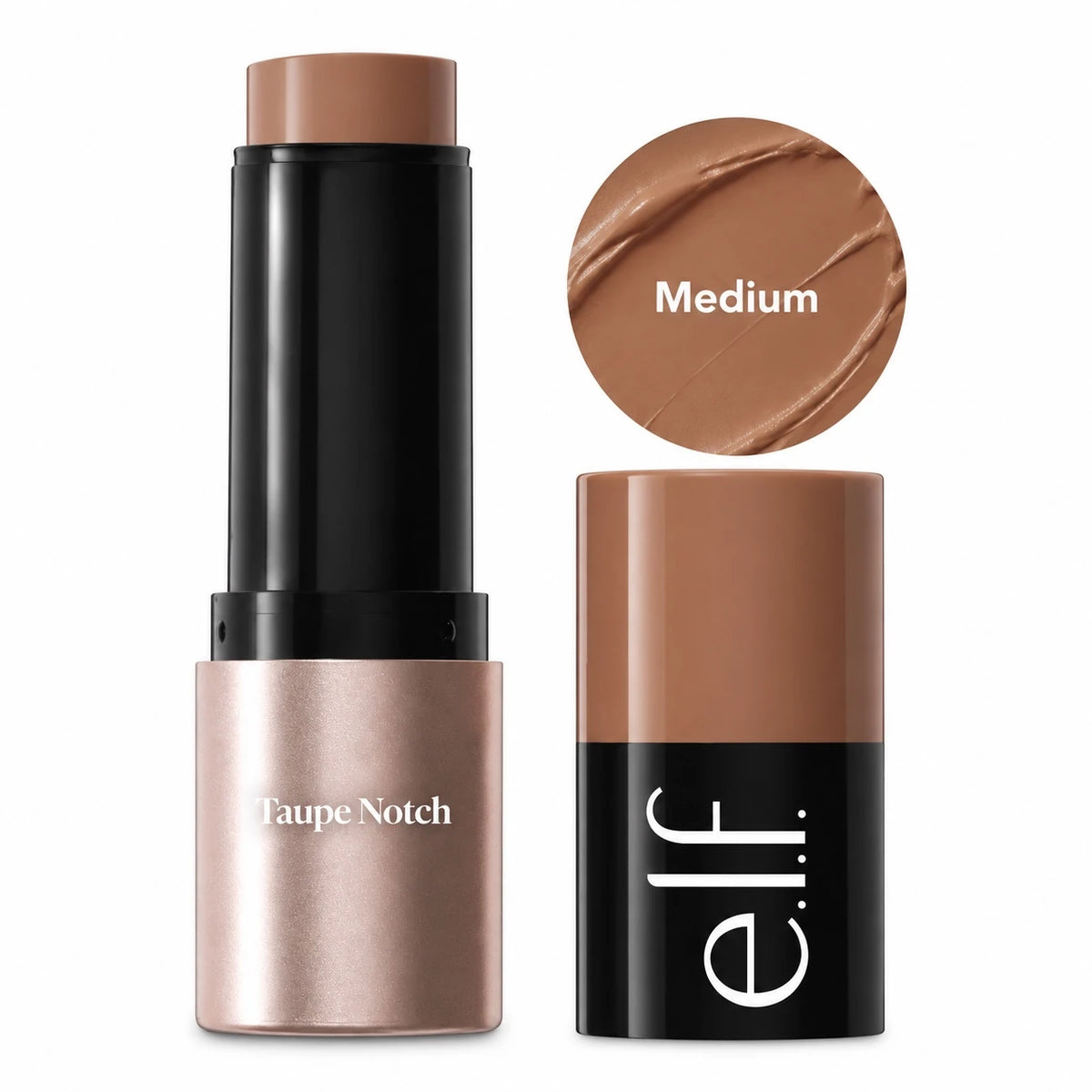 Cream bronzer stick in black tube with Taupe Notch label; Medium shade swatch