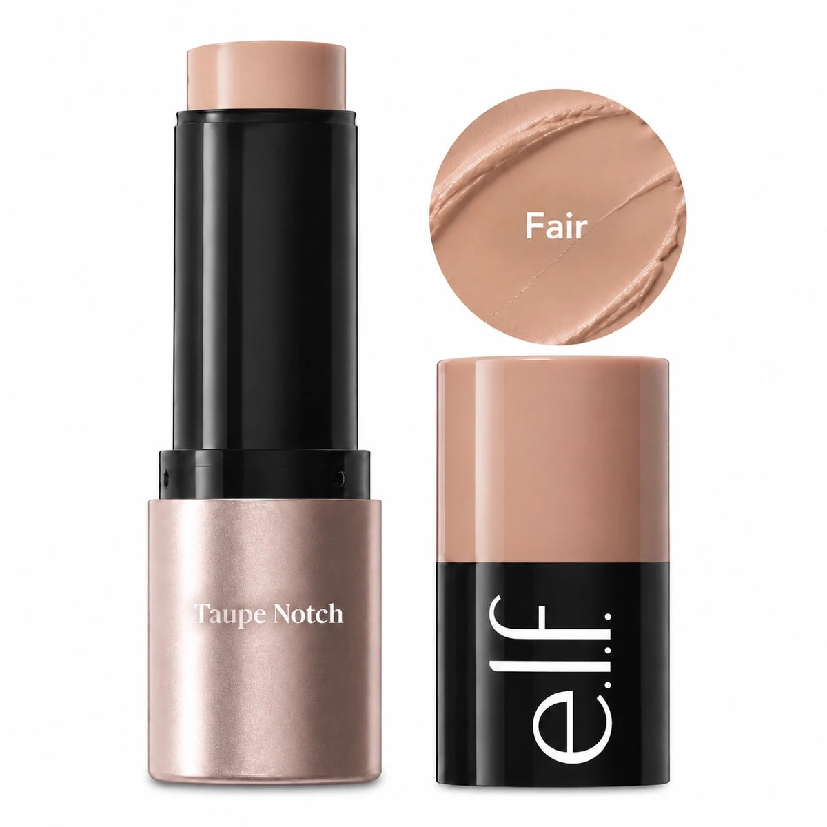 Cream bronzer stick in black tube with Taupe Notch label; Fair shade swatch