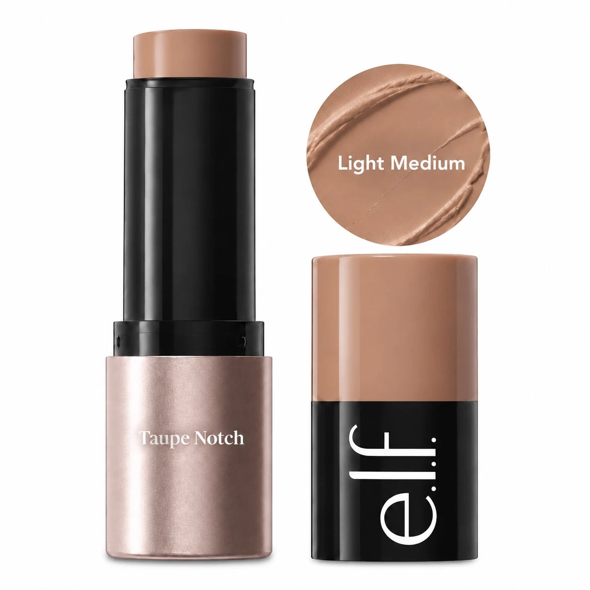Cream bronzer stick in black tube with Taupe Notch label; Light Medium shade swatch