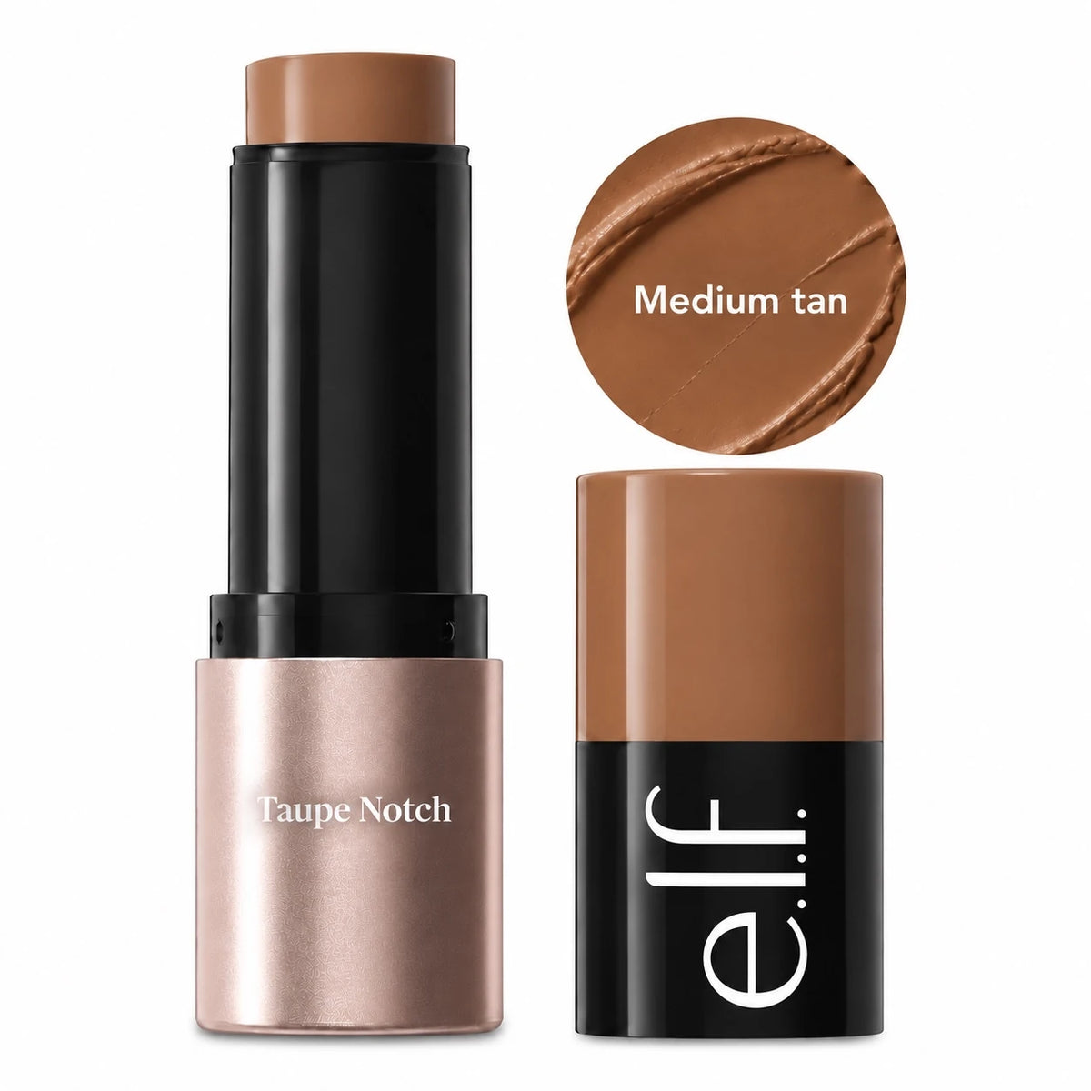 Cream bronzer stick in black tube with Taupe Notch label; Medium tan shade swatch