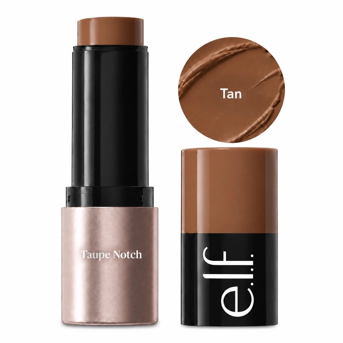 Cream bronzer stick in black tube with Taupe Notch label; Tan shade swatch