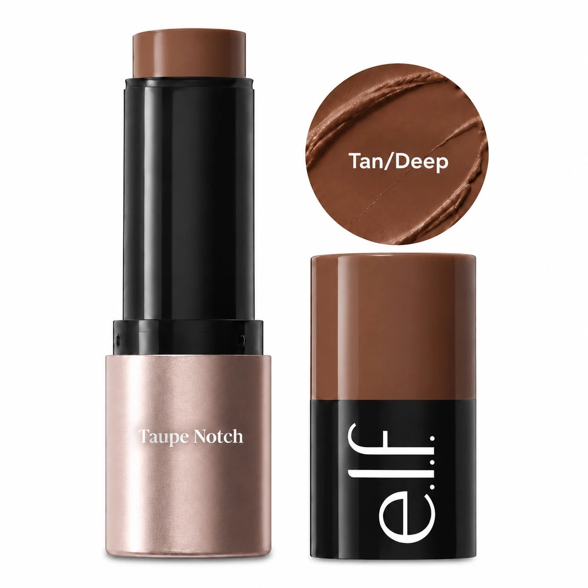 Cream bronzer stick in black tube with Taupe Notch label; Tan/Deep shade swatch
