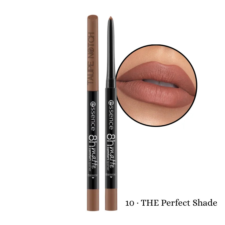 Essence 8H Matte Comfort Lip Liner in shade 10 The Perfect Shade – taupe-brown retractable lip pencil with model swatch showing matte nude brown lips
