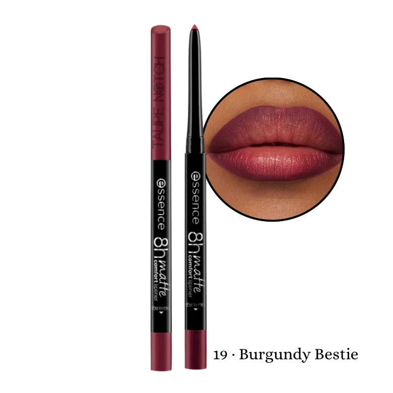 Essence 8H Matte Comfort Lip Liner in shade 19 Burgundy Bestie – deep wine retractable lip pencil with model swatch showing matte dark berry lips