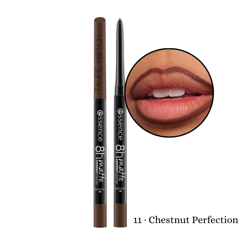Essence 8H Matte Comfort Lip Liner in shade 11 Chestnut Perfection – dark brown retractable lip pencil with model swatch showing deep chocolate brown lip liner look