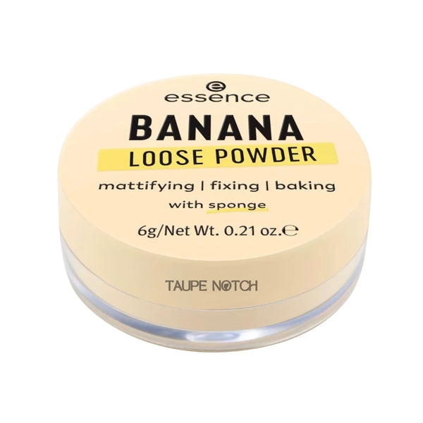 Loose powder jar, Essence Banana, taupe notch, round beige lid